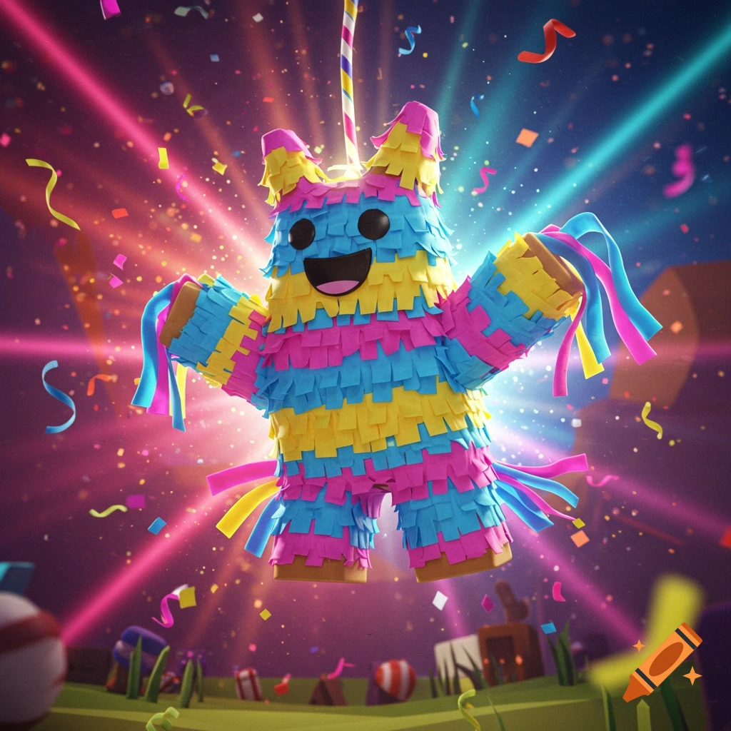 A vibrant, smiling piñata character made of pink, blue, and yellow fringes floats amidst confetti and glowing lights.