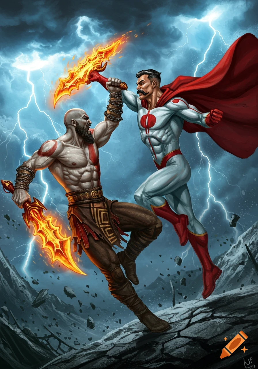 Kratos battles Omni-Man with flaming swords under a lightning storm, dynamic comic art style.