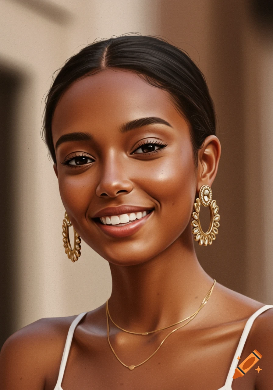 Photorealistic portrait of a smiling woman with dark skin, dark hair, large gold earrings, and a gold necklace.