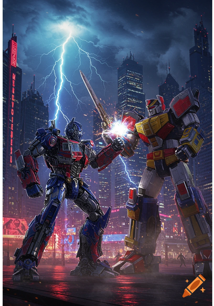 Optimus Prime and Megazord clash swords in a lightning-stormed night city, with sparks flying.