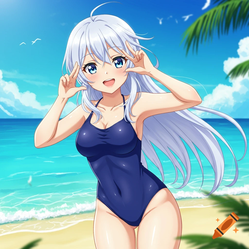 An anime girl with long white hair in a blue one-piece swimsuit poses with peace signs on a sunny beach.