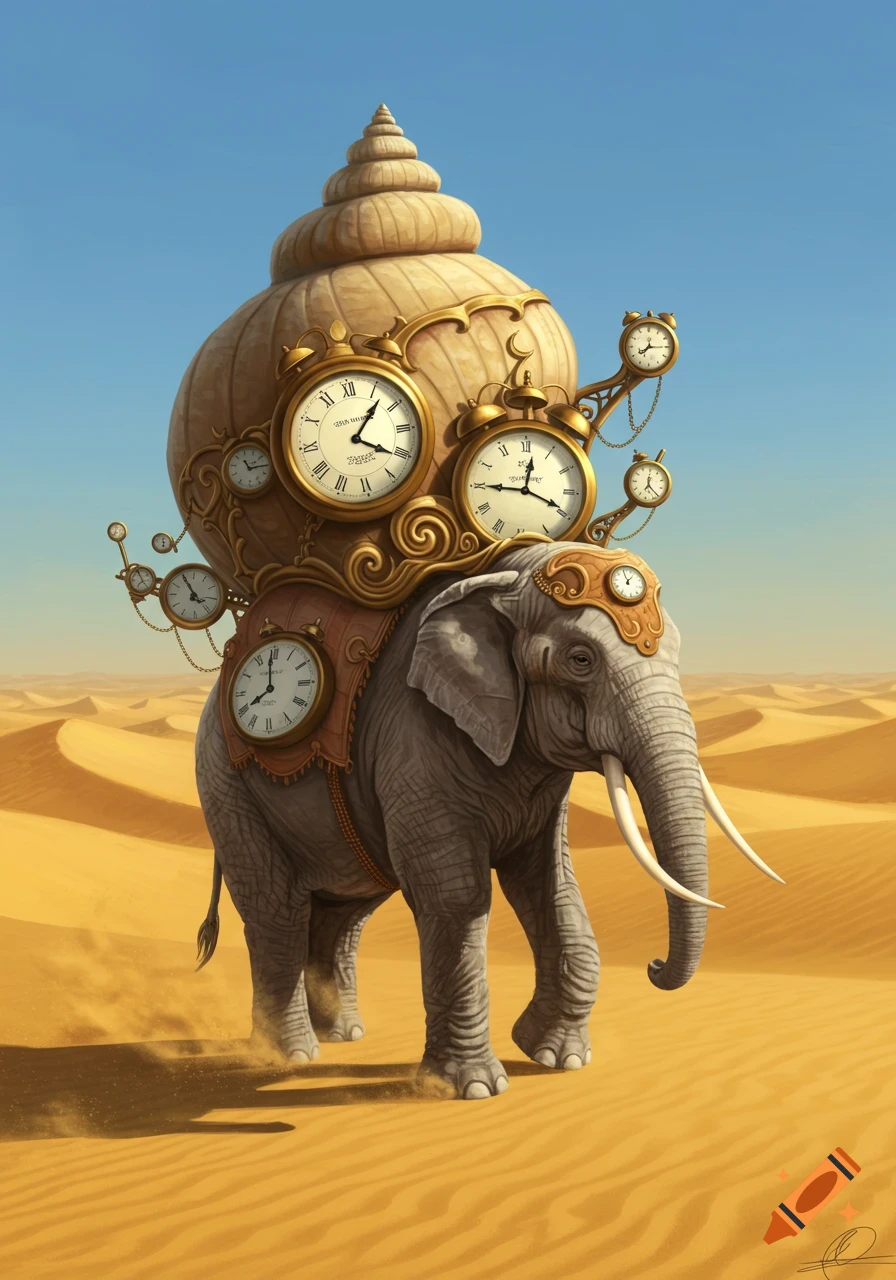 An elephant carrying a giant seashell adorned with multiple ornate gold clocks walks through a vast, sandy desert under a clear blue sky.