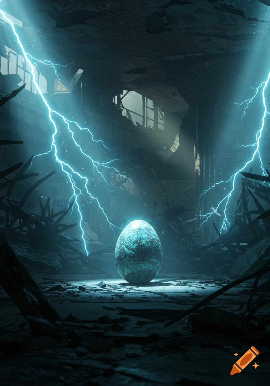 A glowing blue egg sits amidst rubble in a ruined building, illuminated by bright blue lightning bolts, in a dark fantasy setting.