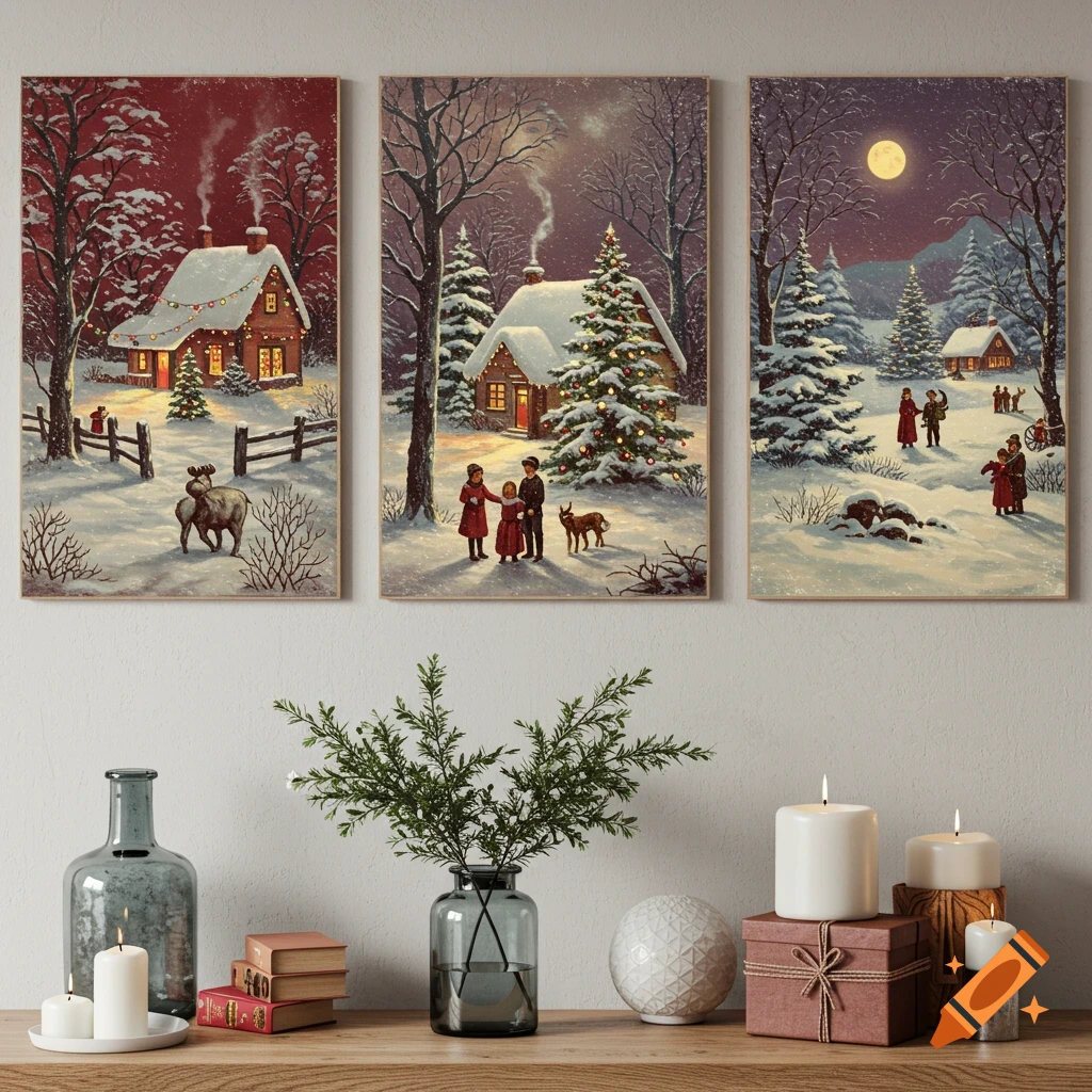 Three vintage-style Christmas winter landscape paintings with snow-covered houses, trees, and people, displayed above a shelf with decor.
