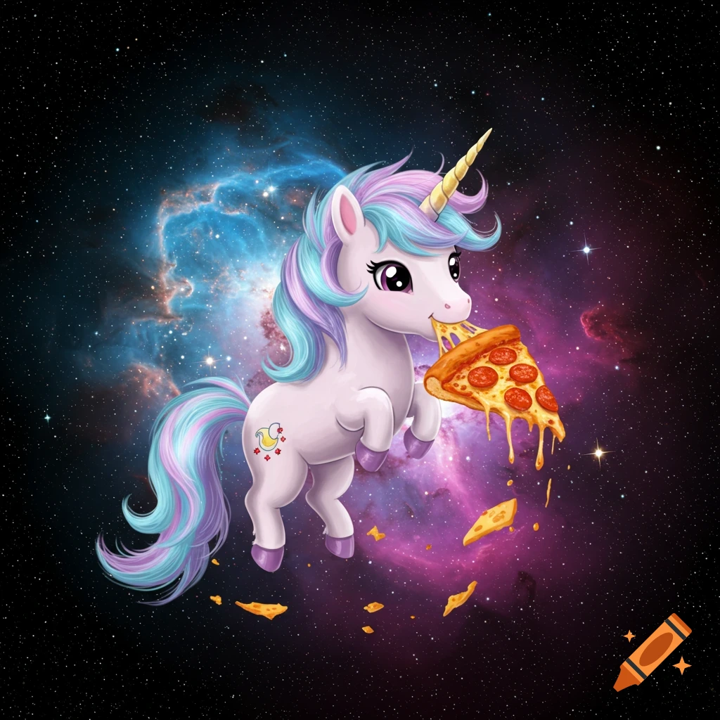 A cartoon unicorn with a rainbow mane eats a slice of pepperoni pizza while floating in a starry nebula-filled outer space.