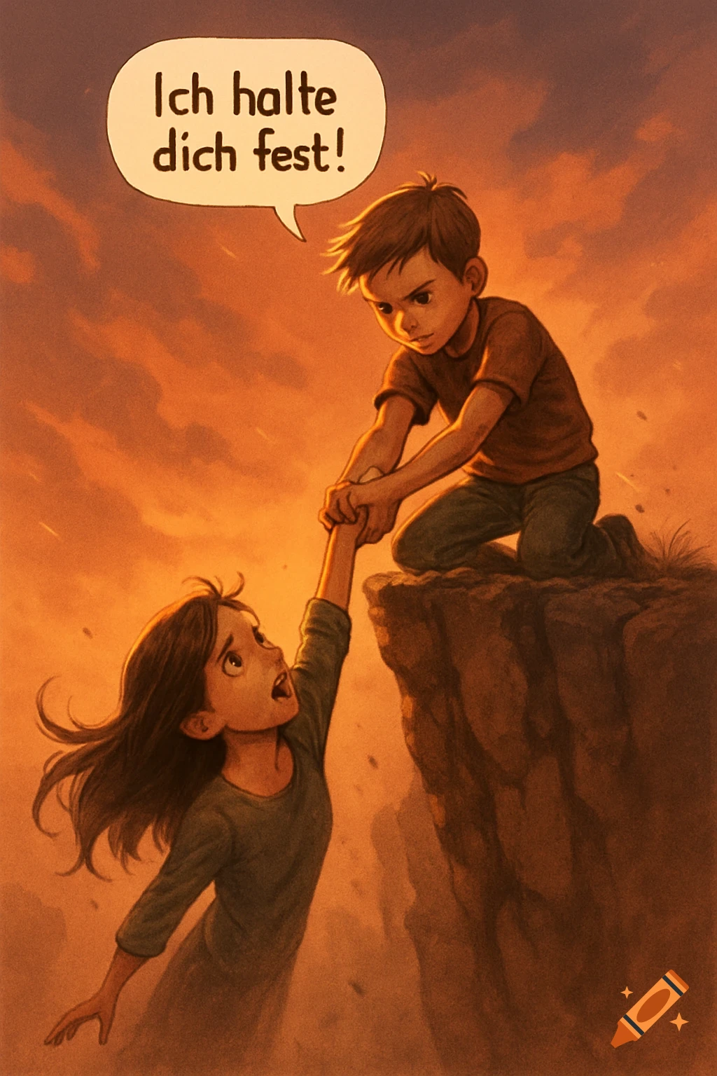 Illustration of a boy holding a girl's hand as she hangs from a cliff, with a speech bubble saying 'Ich halte dich fest!'