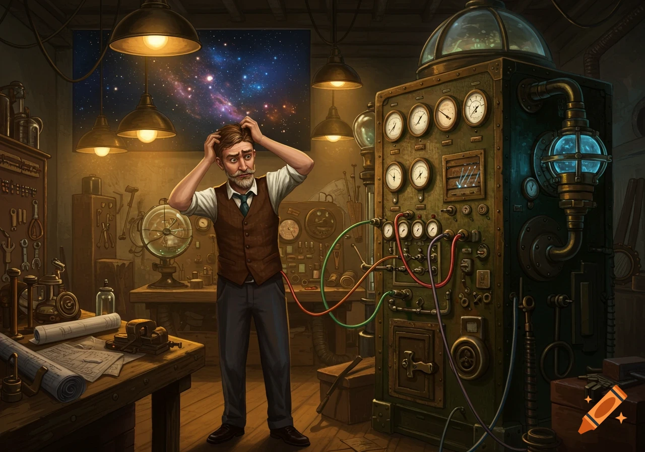 An illustrated confused man scratches his head, contemplating a complex steampunk machine in a cluttered workshop.