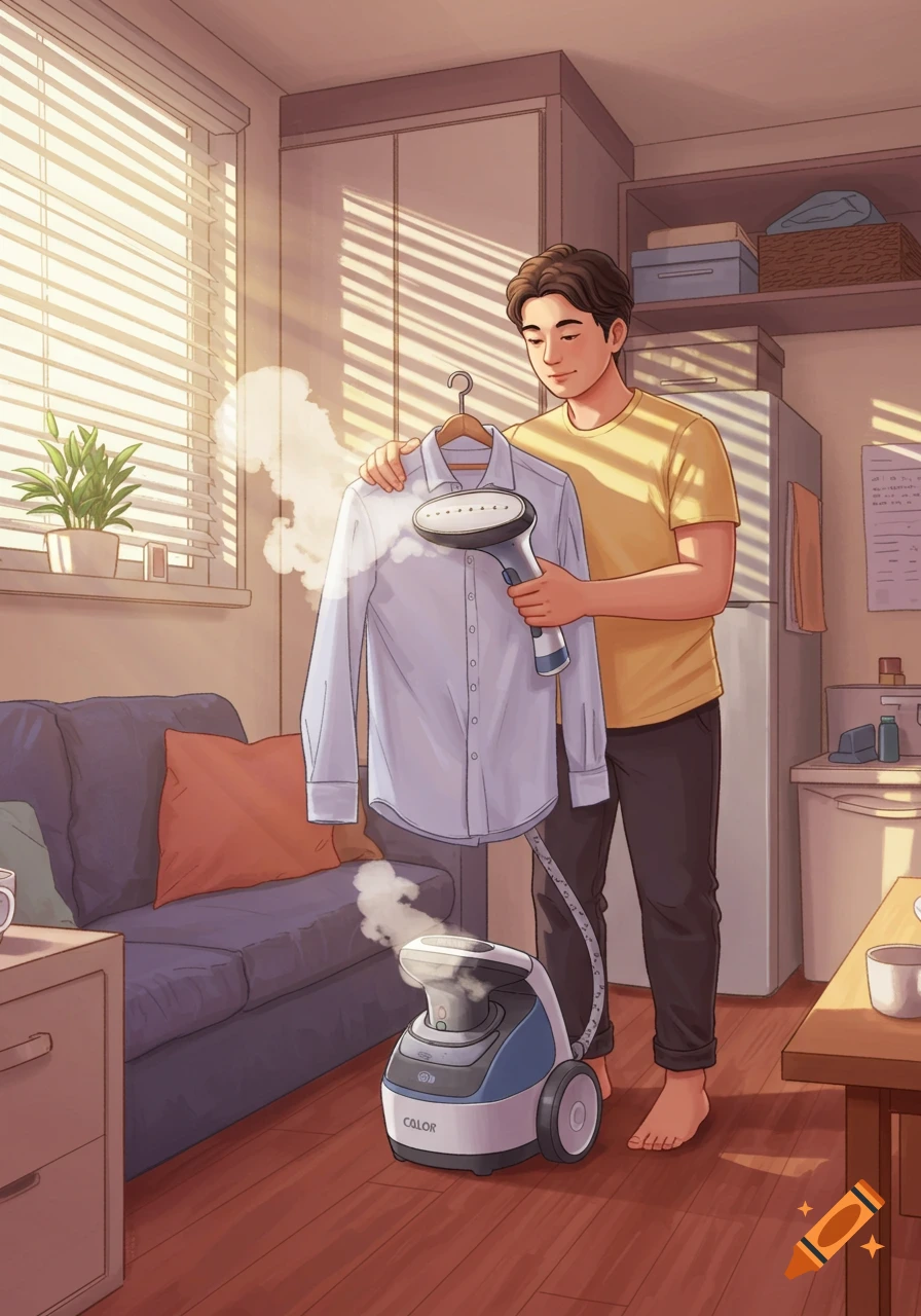 An illustration of a man using a clothes steamer on a white shirt in a sunlit room, with a steamer unit on the floor.