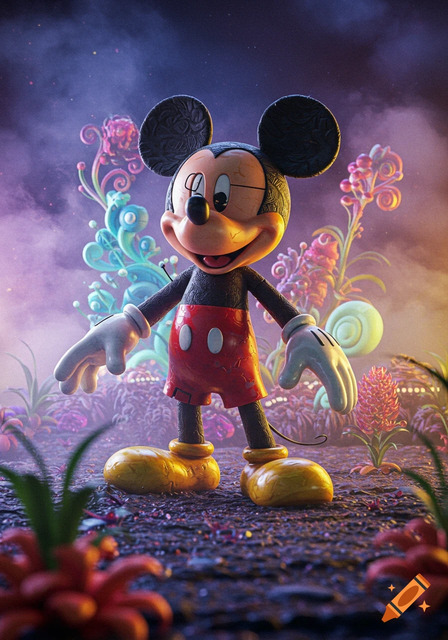 Stylized 3D render of Mickey Mouse smiling, standing in a vibrant, otherworldly forest with glowing plants.