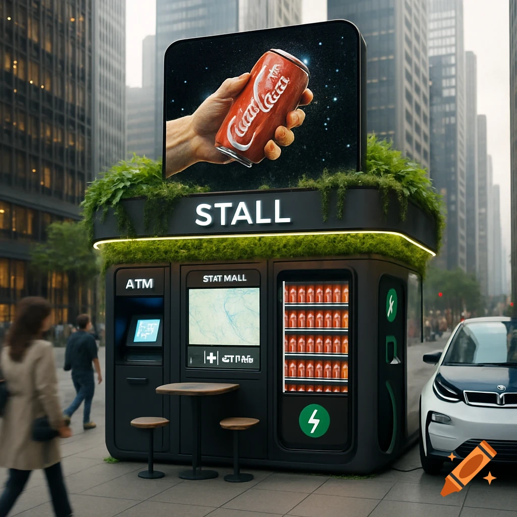 A modern, eco-friendly urban kiosk with a large screen displaying a hand holding a Coca-Cola can, an ATM, vending machine, and EV charger, surrounded by city buildings and a parked white electric car.