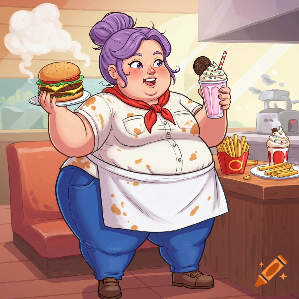 A cartoony female chef with purple hair, a stained shirt, and apron, smiling while holding a burger and a milkshake in a diner setting.