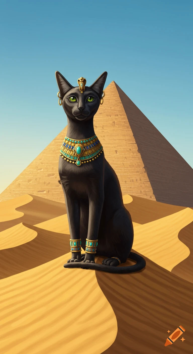 A black cat adorned with golden Egyptian jewelry sits majestically in a sandy desert with a large pyramid in the background, illustrated.
