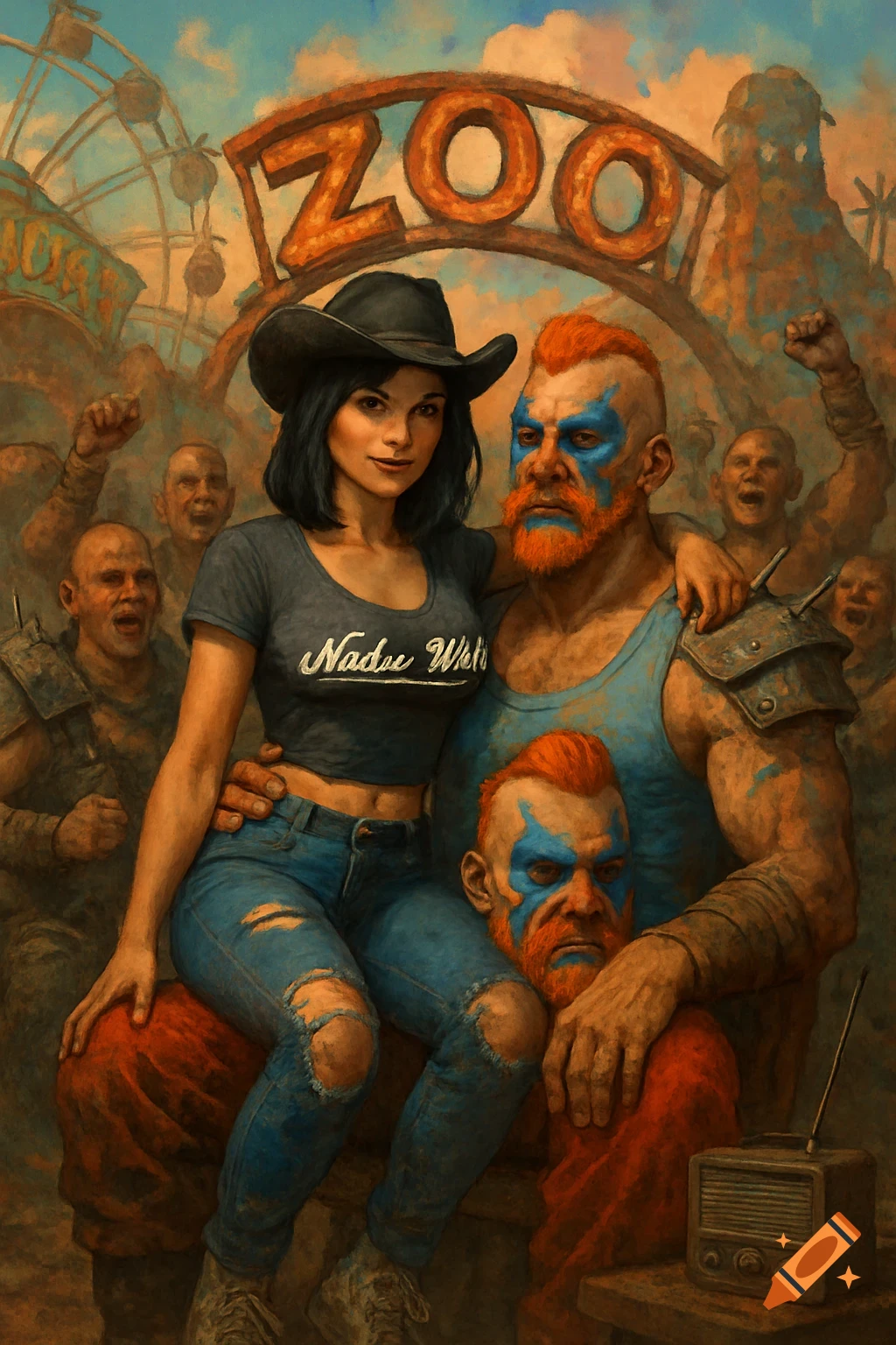 A detailed painting of a woman in a cowboy hat and ripped jeans sitting on a man's lap in a ruined amusement park with cheering raiders.