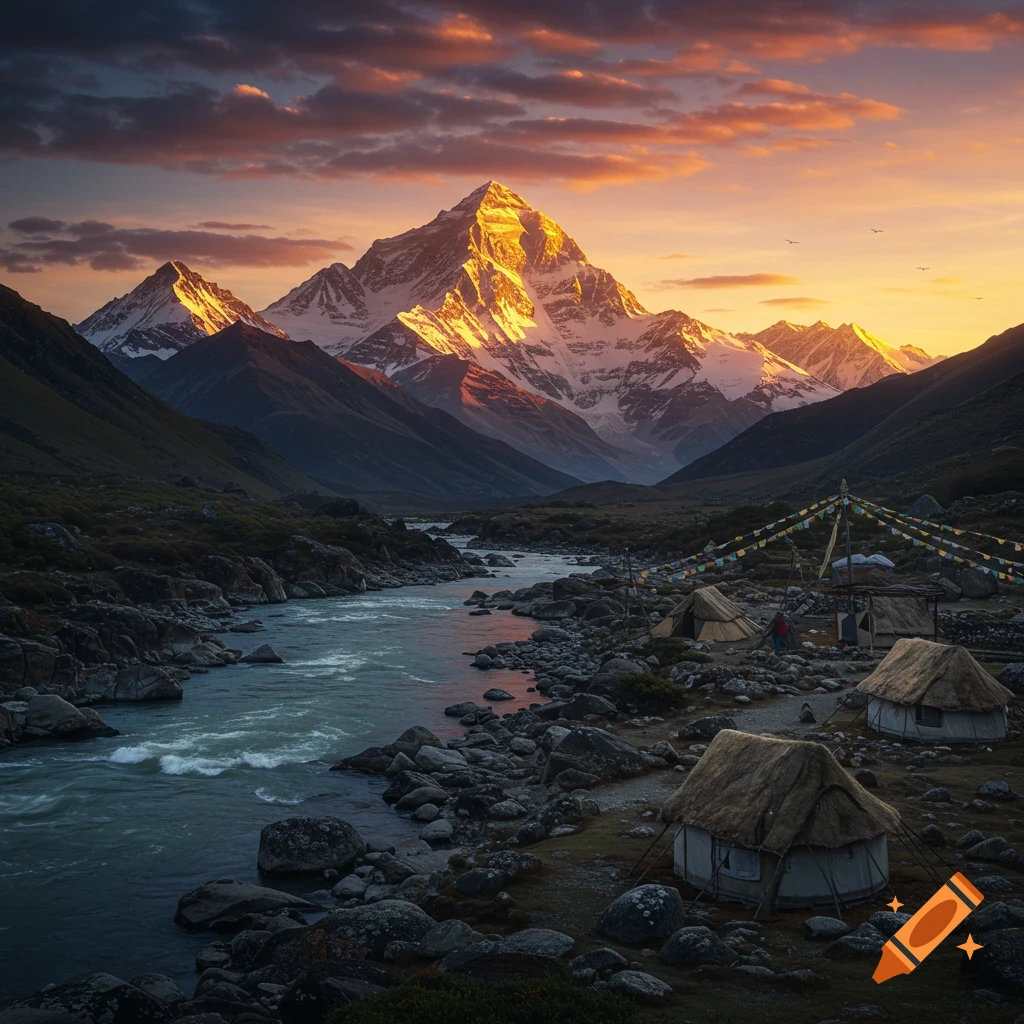 Photorealistic landscape of snow-capped mountains at sunset, a flowing river, and several tents along its rocky banks.