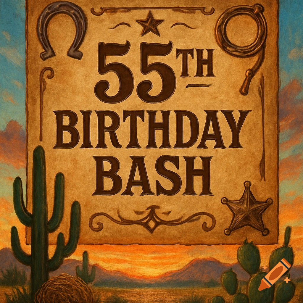 Western-themed 55th Birthday Bash invitation sign with horseshoe, lasso, sheriff star, cacti, and desert sunset.