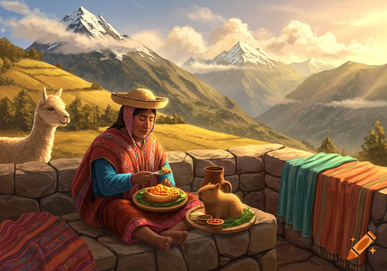 Illustrated Peruvian woman in traditional clothing eating outdoors with a llama and capybara, snowy mountains in background.