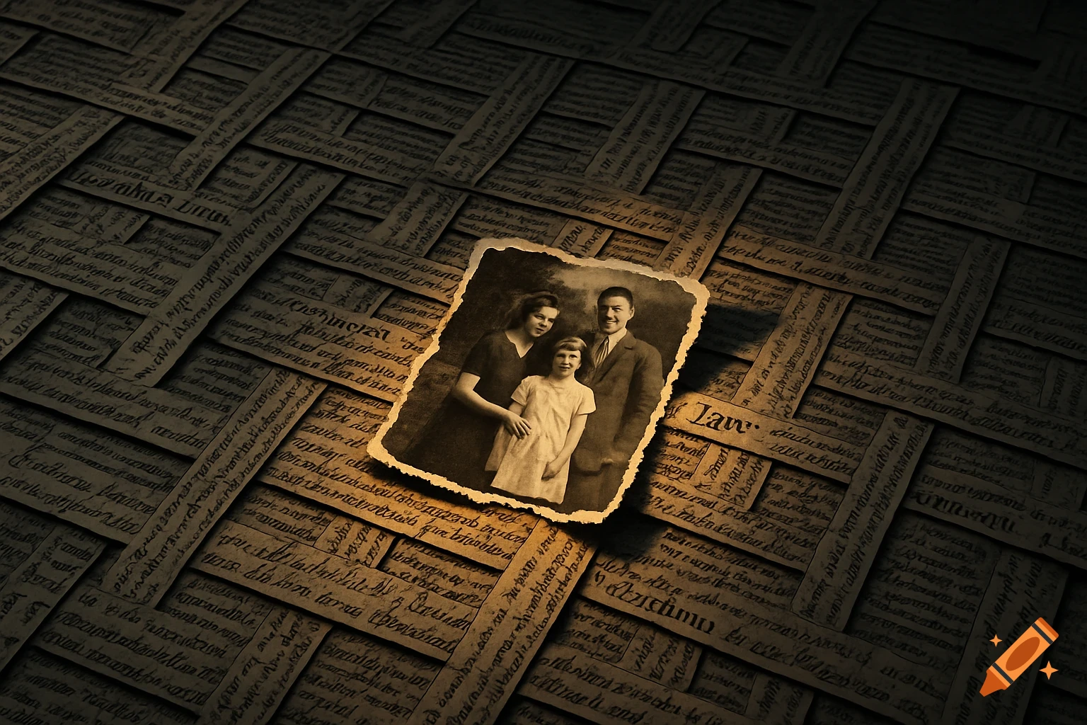 A sepia family photo on a background of interwoven vintage legal documents and handwritten text.