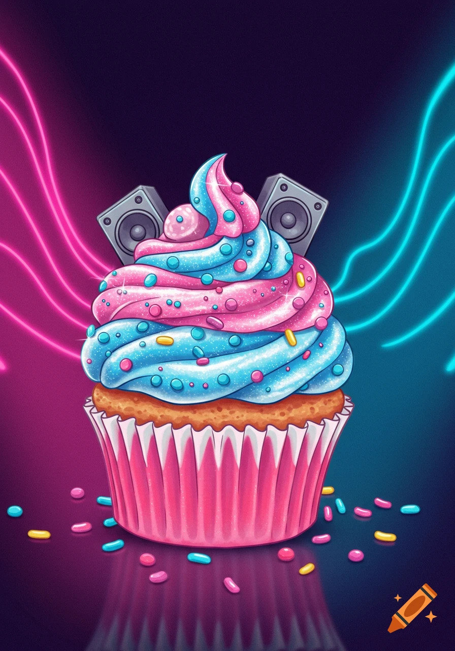 Vibrant cartoon cupcake with pink and blue frosting, sprinkles, two speakers, and glowing neon lights on a dark background.