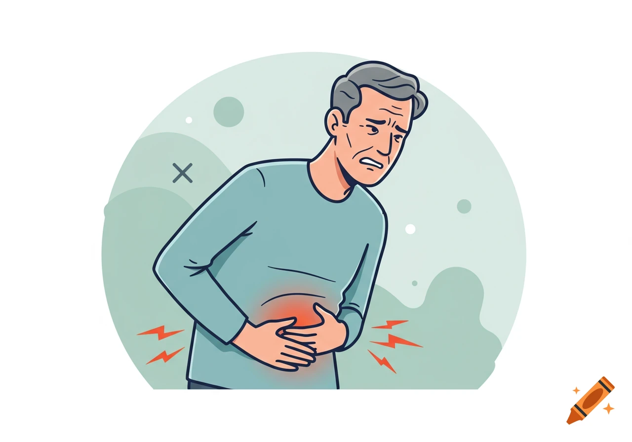 Vector art illustration of an older man experiencing stomach pain, clutching his abdomen.