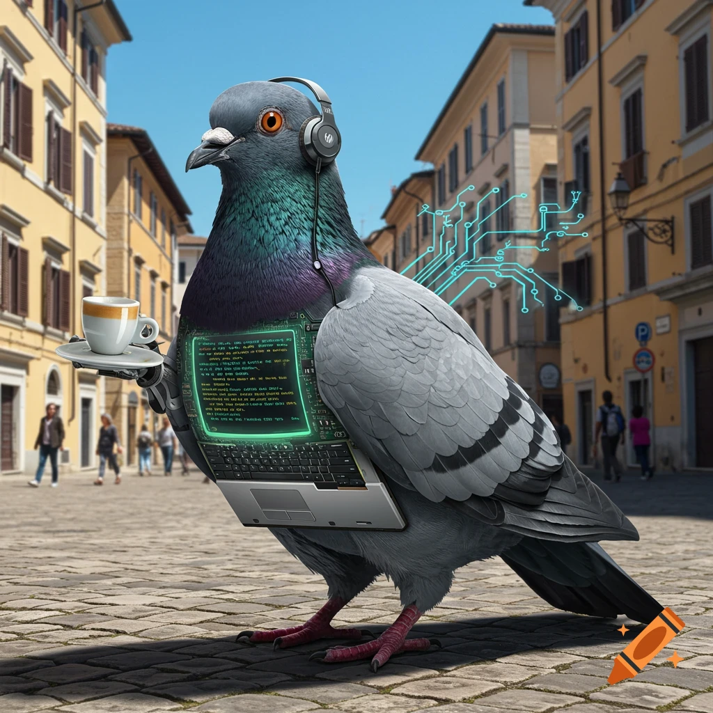 A surreal, robotic pigeon with a glowing screen, keyboard, headphones, and espresso cup stands in an Italian piazza, digital art.