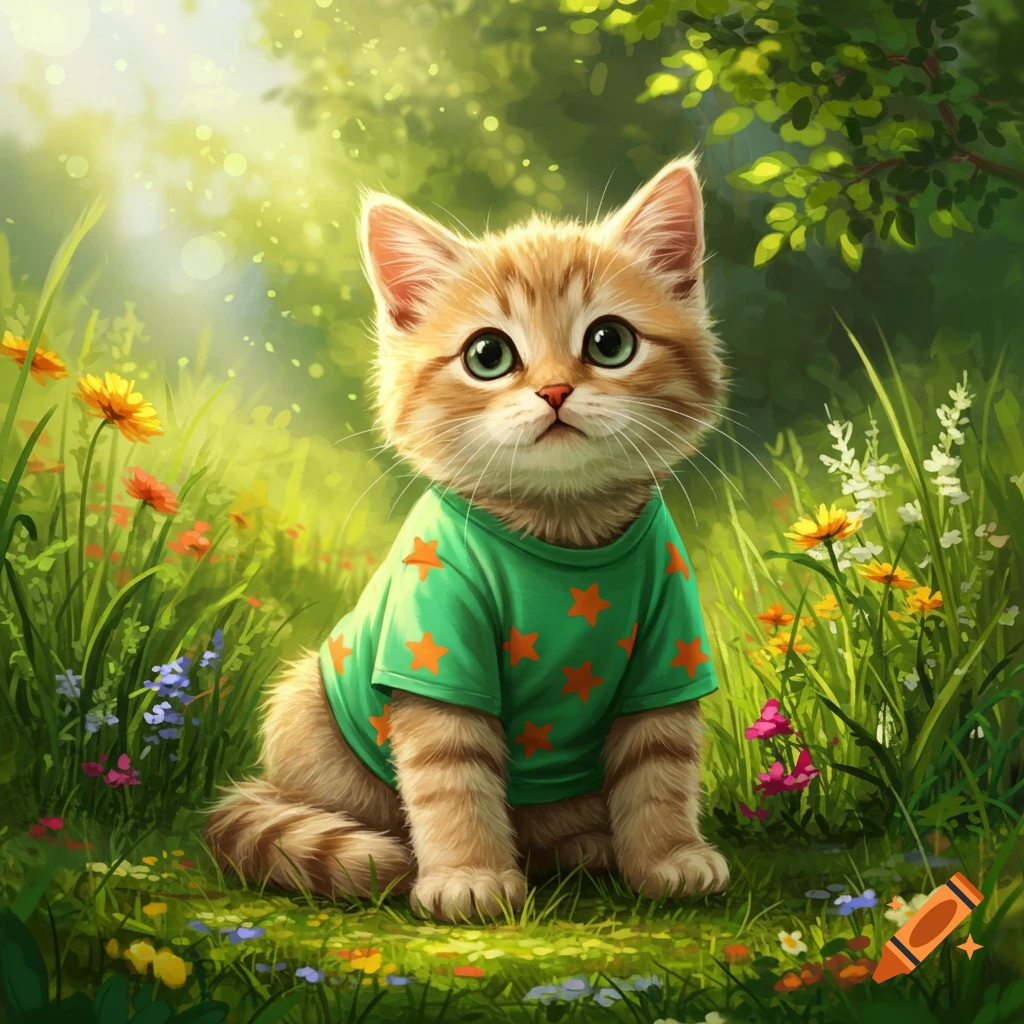 An adorable ginger tabby kitten with big green eyes, wearing a green t-shirt with orange stars, sits in a vibrant field of wildflowers.