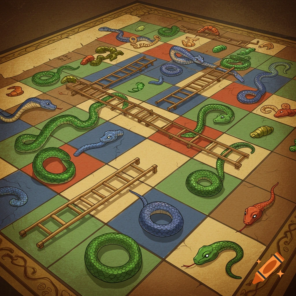 An illustrated board game resembling Snakes and Ladders, with colorful snakes and wooden ladders on a checkered board.