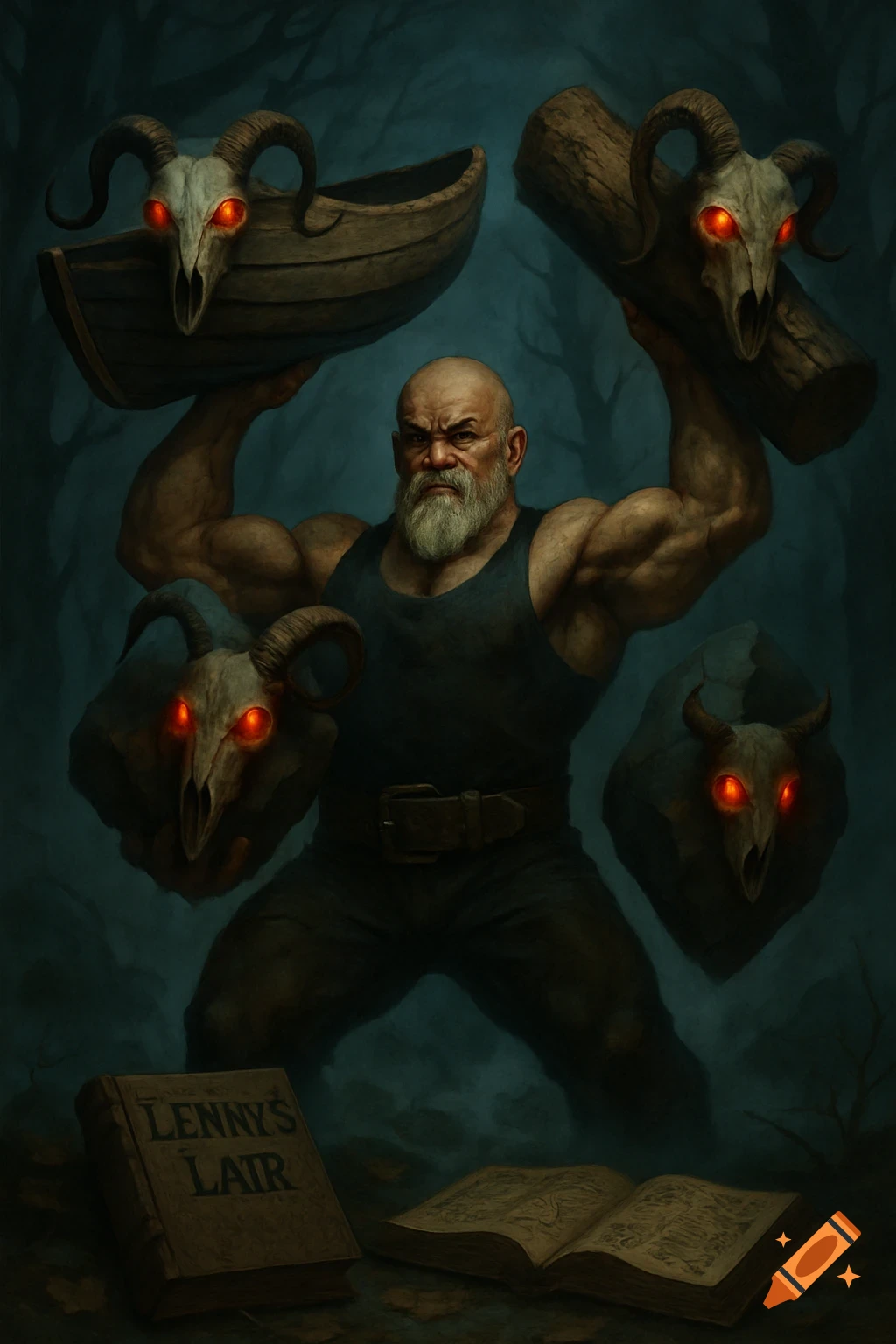A muscular, bald man with a white goatee lifts a boat and log, each topped with a ram skull, in a foggy forest. Books on the ground include one titled 'Lenny's Lair'.