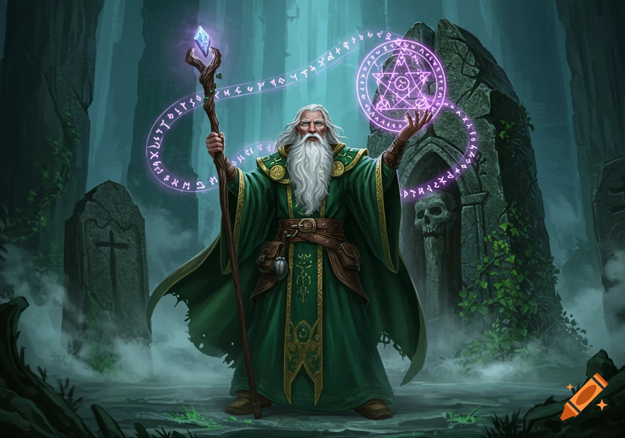 An old mage with a white beard and green robes casts a glowing purple spell in a dark, misty graveyard.