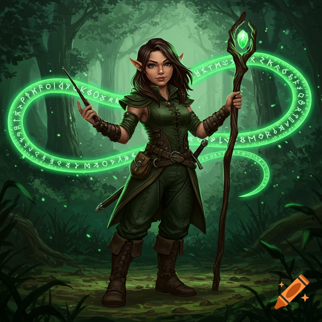 Female warlock in green leather armor holds a wand and staff, surrounded by glowing green runes in a dark forest, fantasy art style.