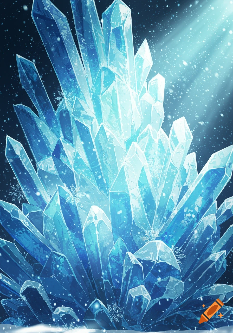 Vibrant anime illustration of glowing blue ice crystals with falling snowflakes.