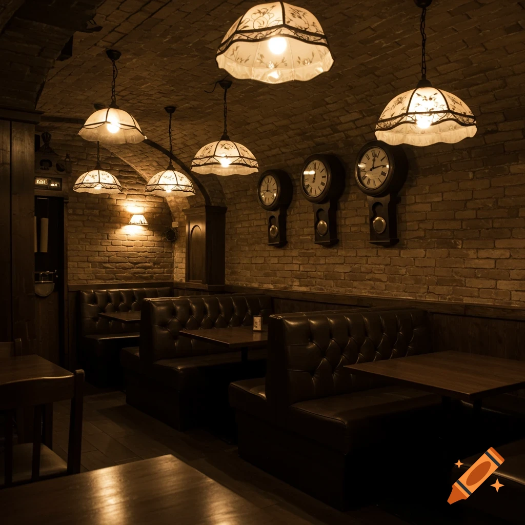 A dimly lit cafe interior with brick walls, leather booths, hanging lamps, and three clocks, in a sepia tone.