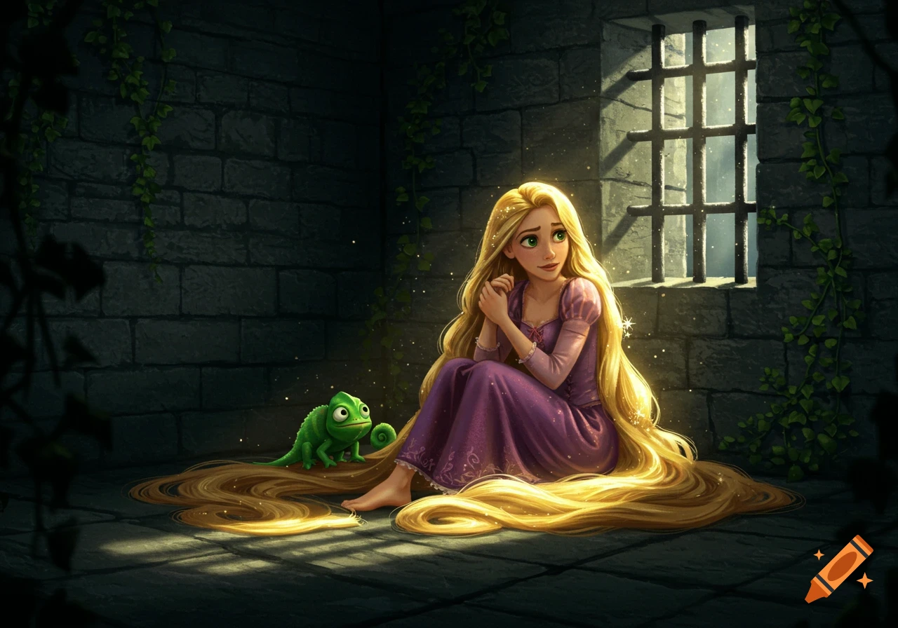 Rapunzel sits with Pascal in a dark, stone cell, light from a barred window illuminating her long blonde hair.