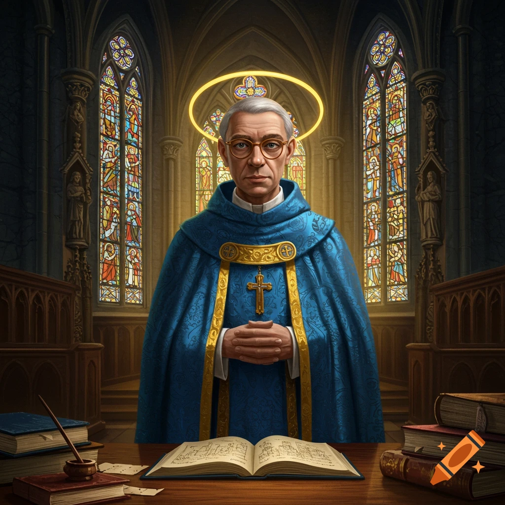 A serious cleric in blue robes with a halo stands in a gothic church, an open book on a table.