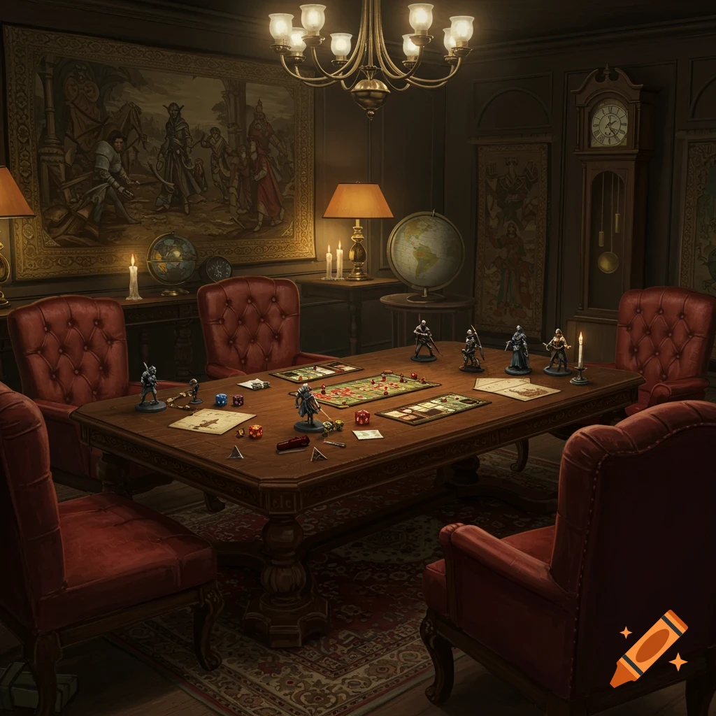 A richly decorated, dimly lit room with a large wooden table set for a fantasy role-playing game, surrounded by plush red chairs. Miniatures, dice, and game boards are on the table.