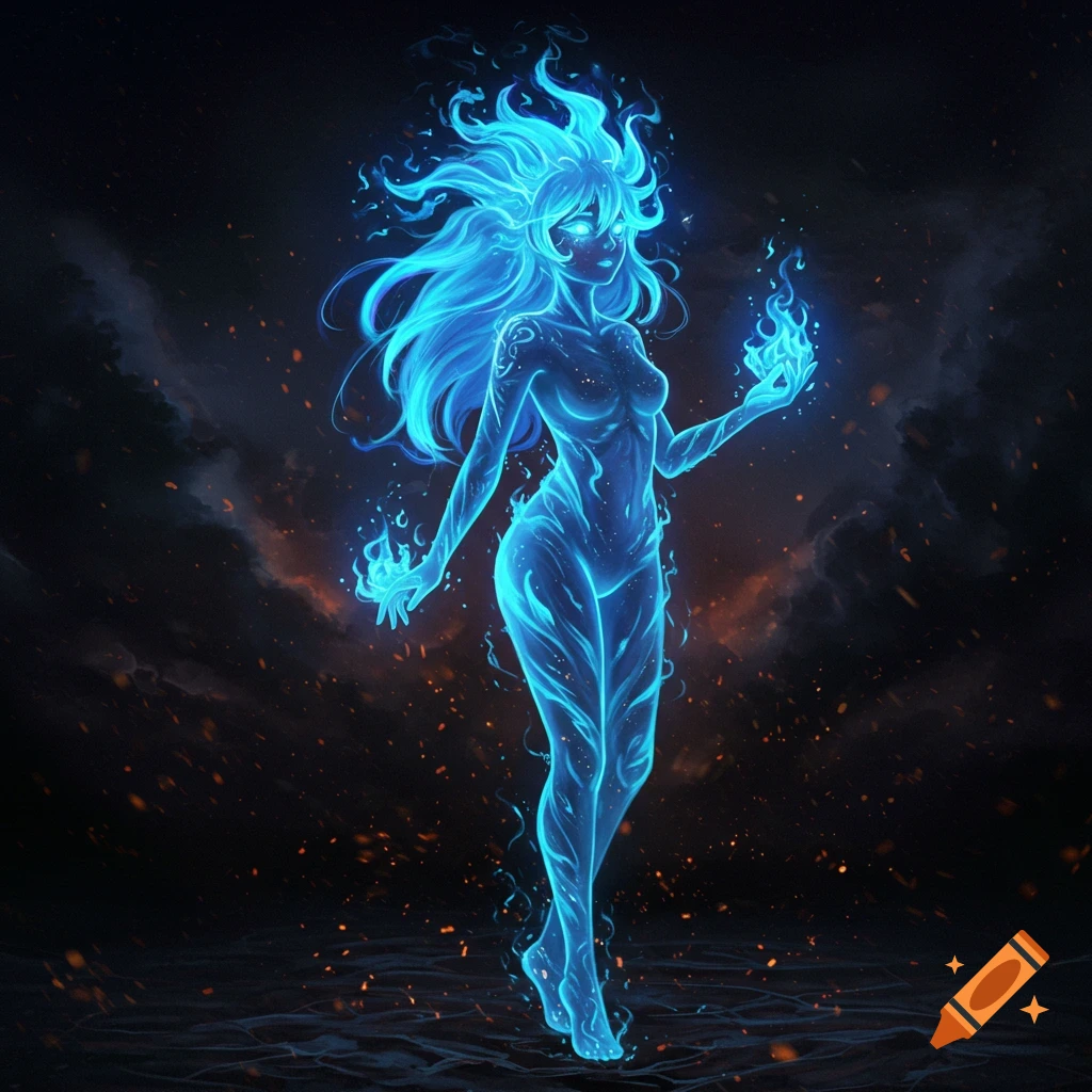 A glowing blue fire anime girl stands in a dark landscape, holding flames.