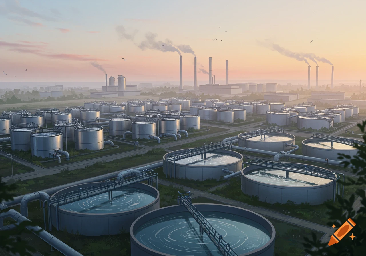 An expansive industrial sewage plant with cylindrical tanks and processing pools under a hazy sunset sky.