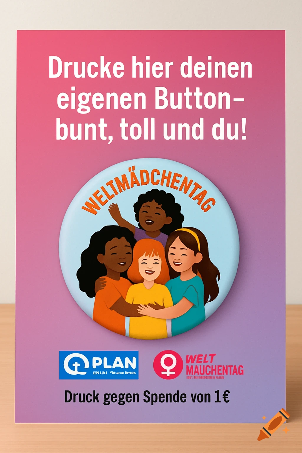 A vibrant A4 poster for World Girls' Day, featuring a large button with four cartoon girls hugging. The poster has a pink and purple gradient background with German text about printing buttons and a donation of 1", including Plan International logos.