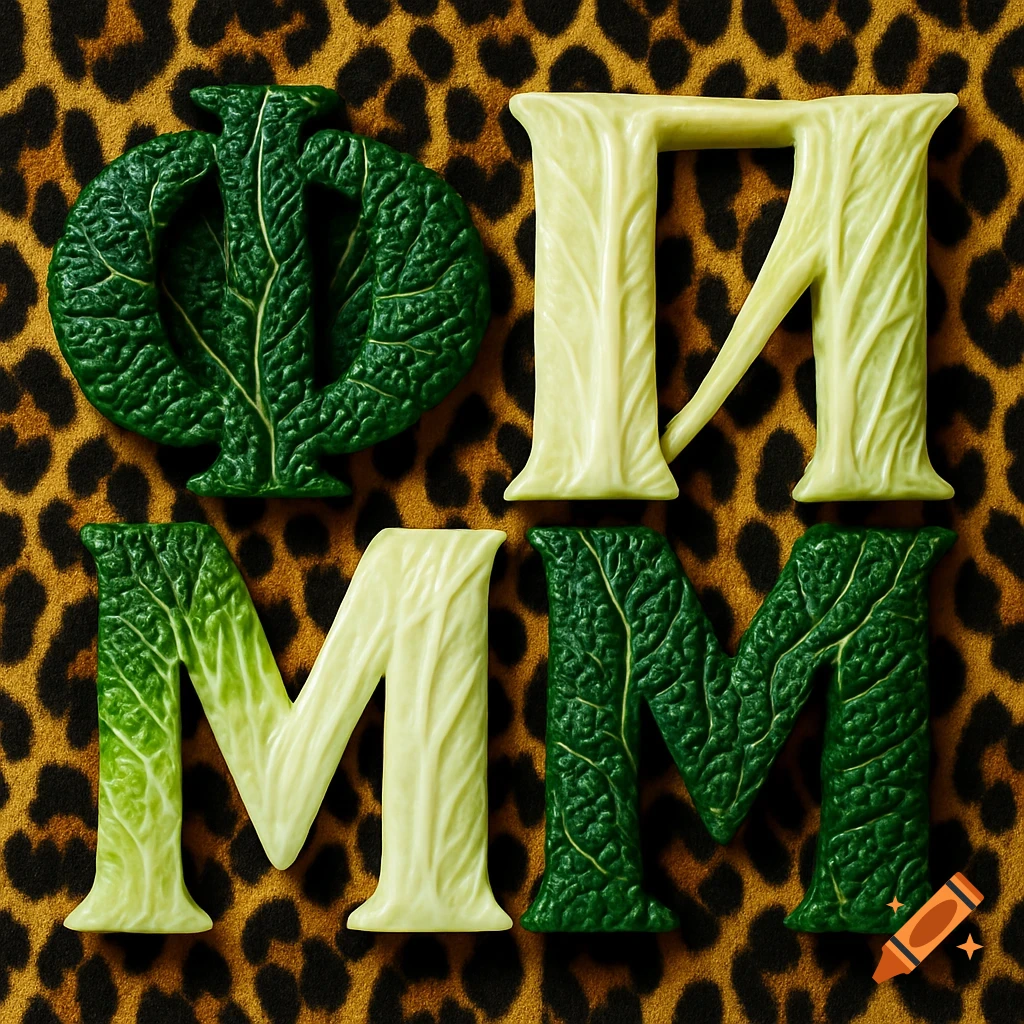 Four stylized Cyrillic letters, Ф, П, М, И, made of green cabbage leaves on a leopard print background.