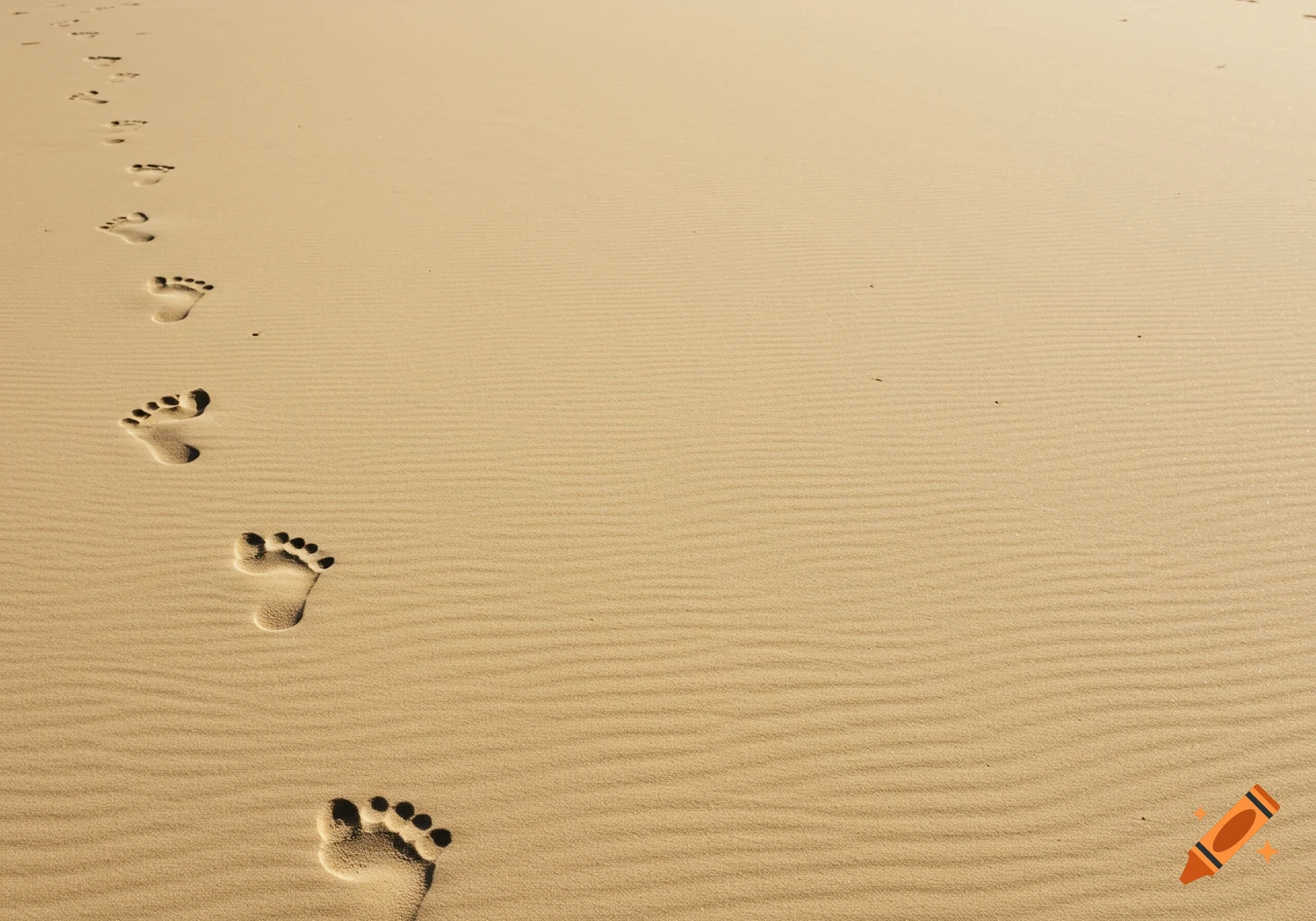 Barefoot footprints trail across rippled beige sand.