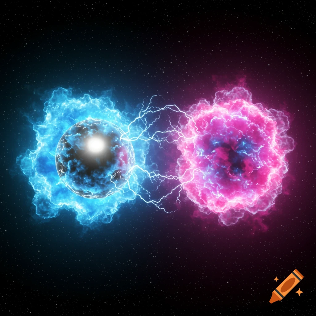 Two ethereal glowing spheres, one blue and one pink, connected by electrical bolts against a starry space background.