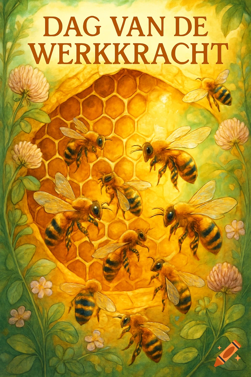 Watercolor-style illustration shows many bees around a honeycomb, with green leaves and clover flowers. Text reads 'DAG VAN DE WERKKRACHT'.