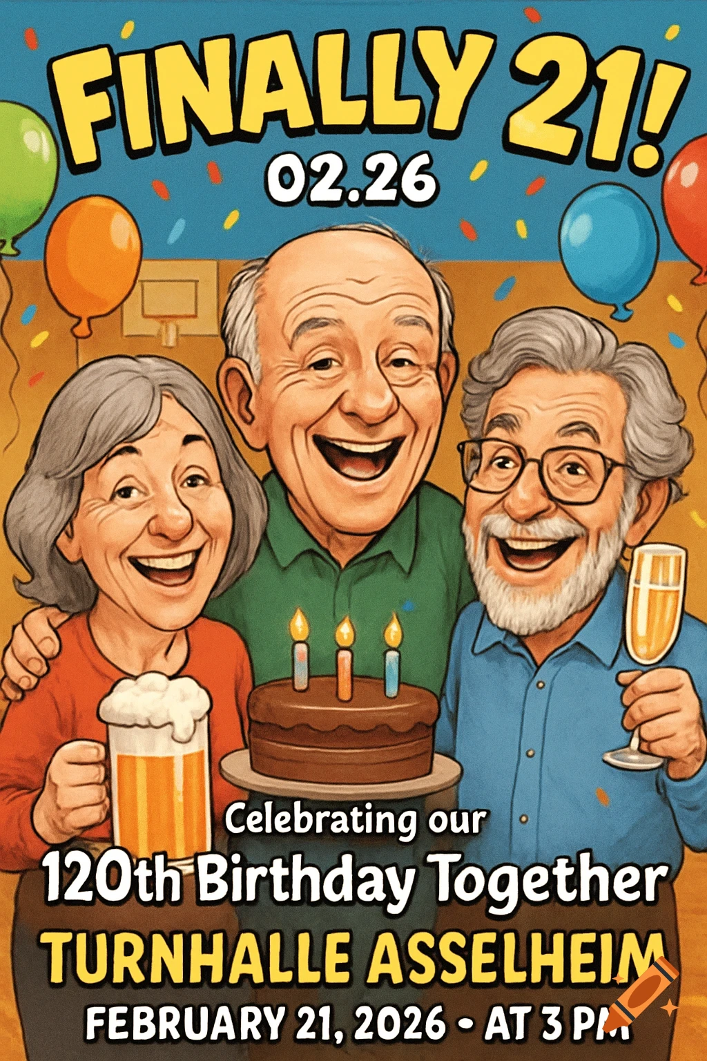 Cartoon invitation card for a 120th birthday celebration, featuring three laughing elderly friends with a cake, beer, and champagne under colorful balloons and confetti.