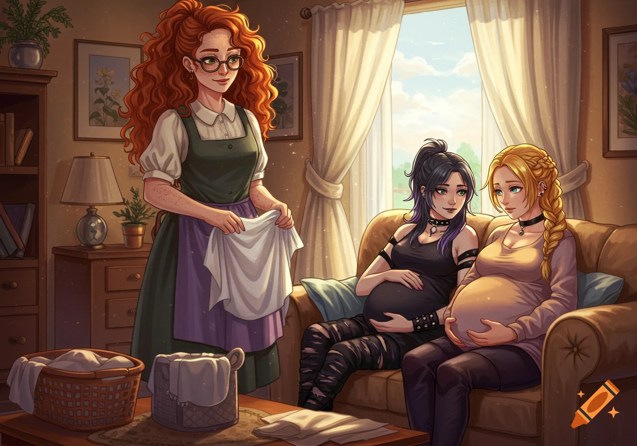 Red-haired woman folds laundry for her two pregnant wives, one punk, one blonde, on a couch in a cozy room. Anime style.