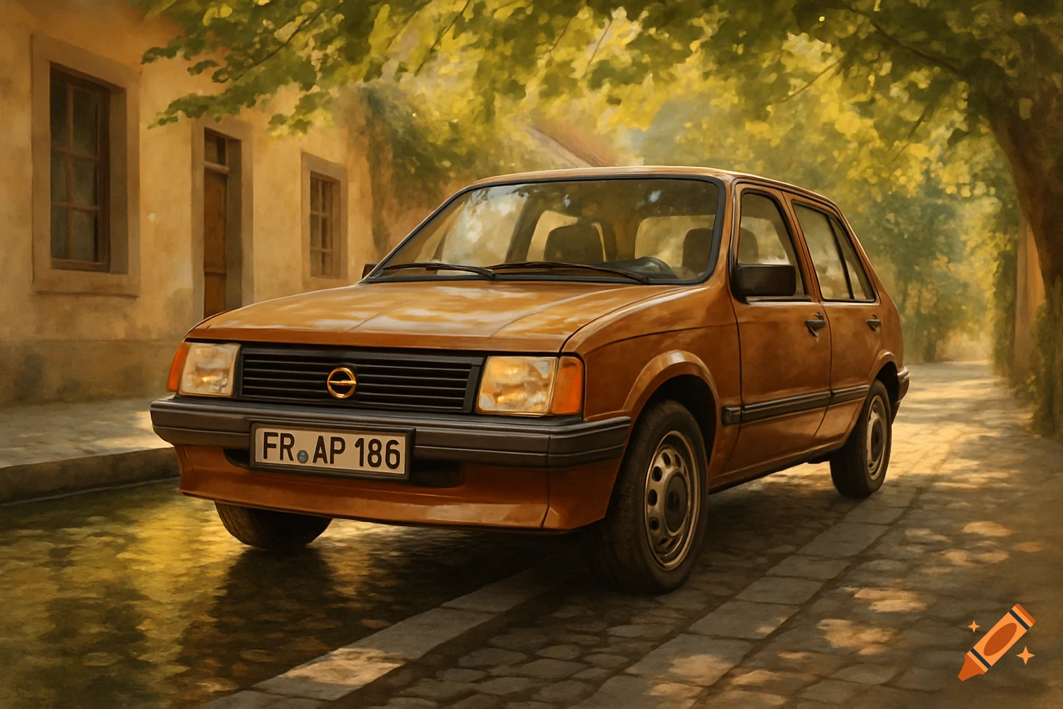 A brown 1985 Opel Corsa car parked on a cobblestone street next to a building and stream, with lush green trees overhead, in a soft, artistic style.