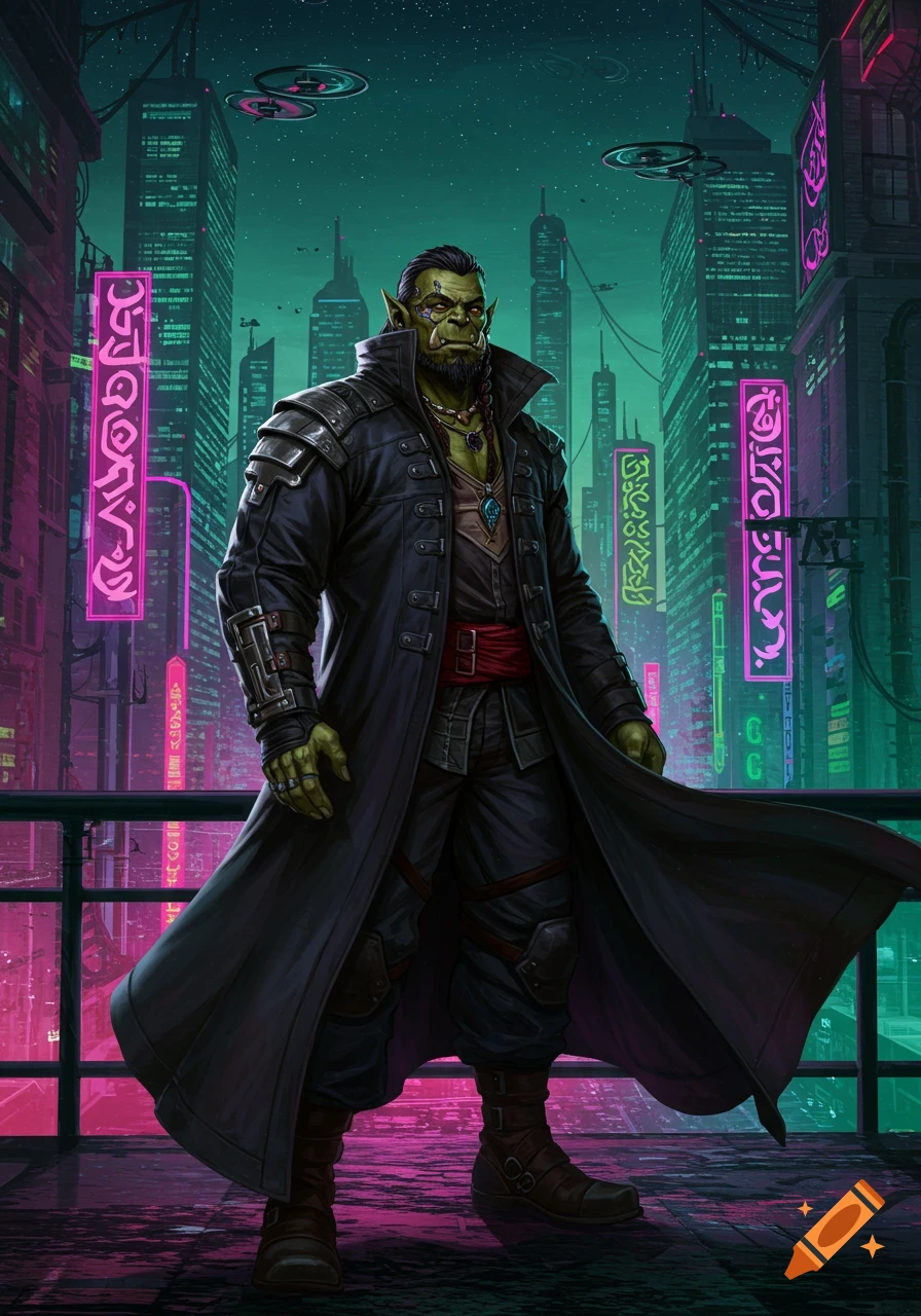 A green-skinned orc in a black duster coat stands on a balcony overlooking a neon-lit cyberpunk city.