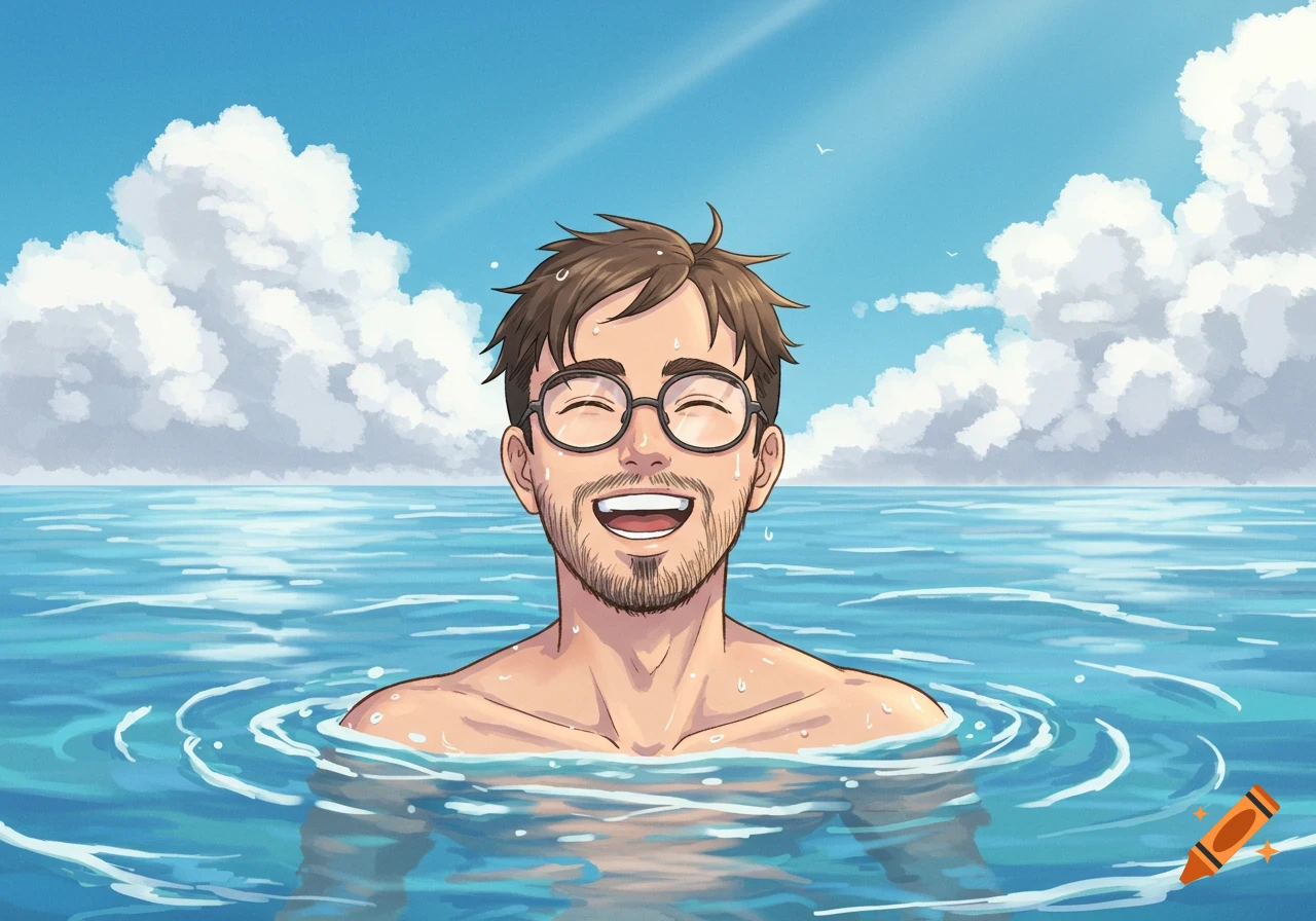 A smiling man with glasses and a beard swims in the bright blue ocean under a cloudy sky in a Ghibli-inspired anime style.