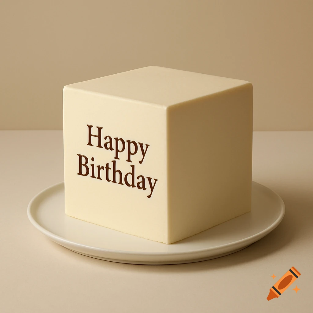 A minimalist square birthday cake with "Happy Birthday" in brown text on a white plate against a beige background.