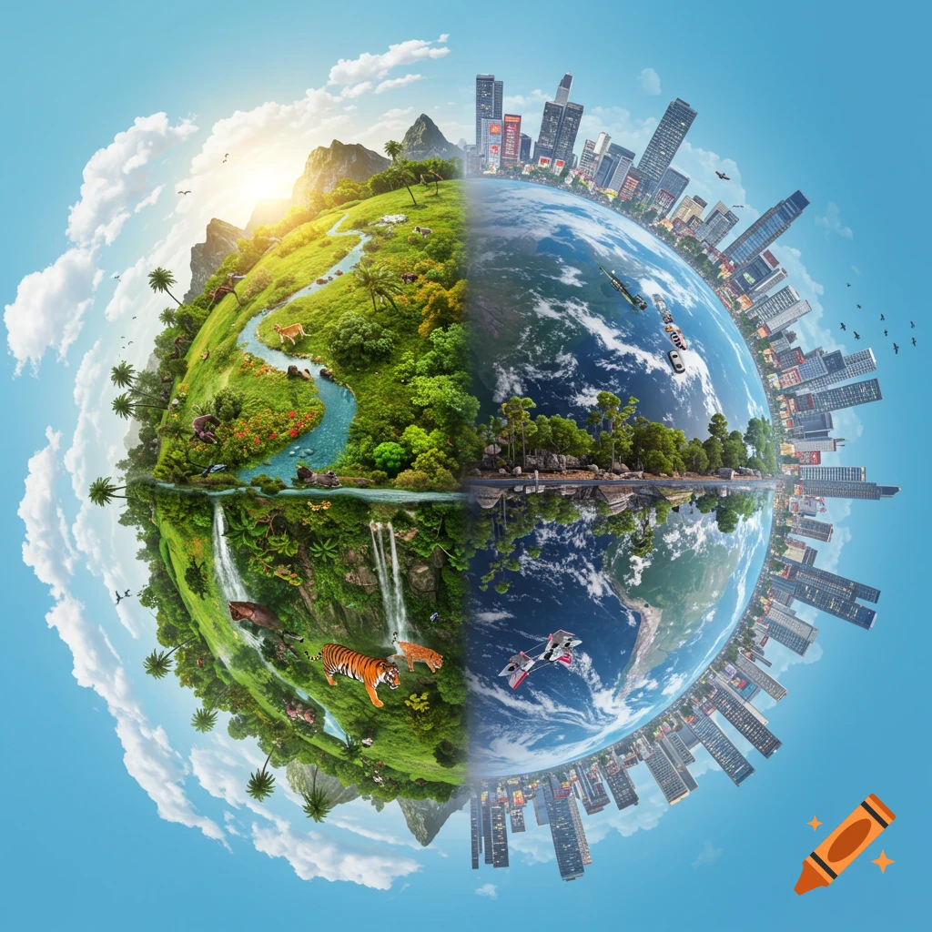 A stylized globe split between a vibrant natural landscape with animals and waterfalls, and a modern city skyline reflecting into the ocean.