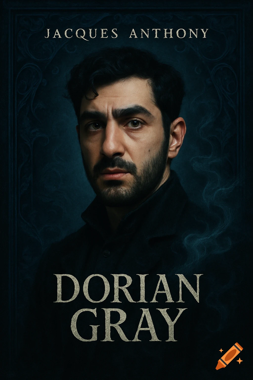 Moody portrait of a bearded man with dark hair against a deep blue background. Text reads 'Jacques Anthony' and 'Dorian Gray'.