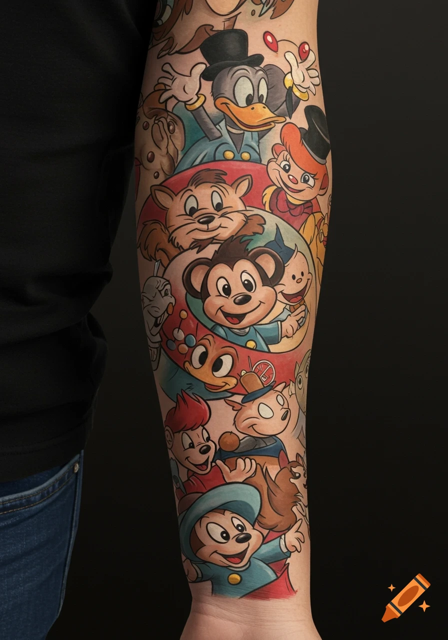 A forearm covered in a colorful, detailed tattoo sleeve featuring many classic cartoon characters.
